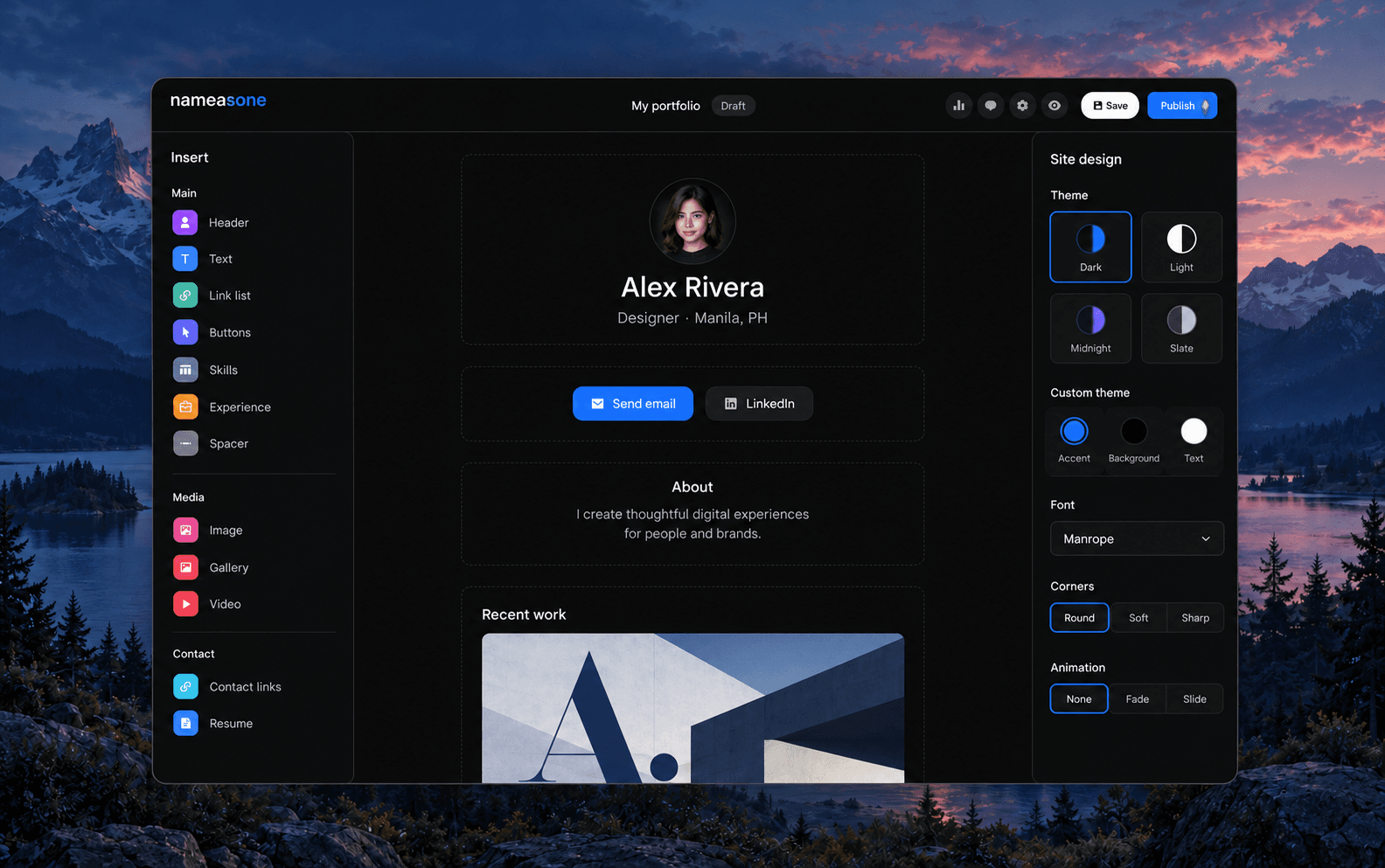 Concept of the NameAsOne Portfolio editor: insert sections on the left, a minimal dark portfolio in the center, and design settings on the right.